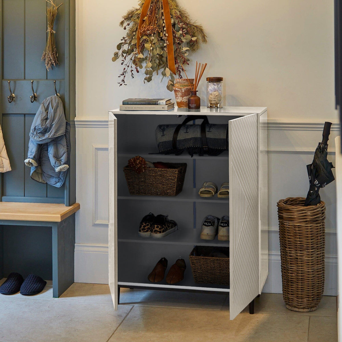 Jack Geometric Small Shoe Cabinet - 2 Door - White
