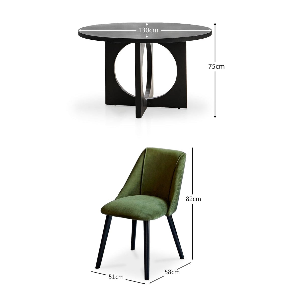 Jade Jet Black Round Acacia Dining Table Set - 4 Seater - Freya Fern Green Dining Chairs - Black Legs