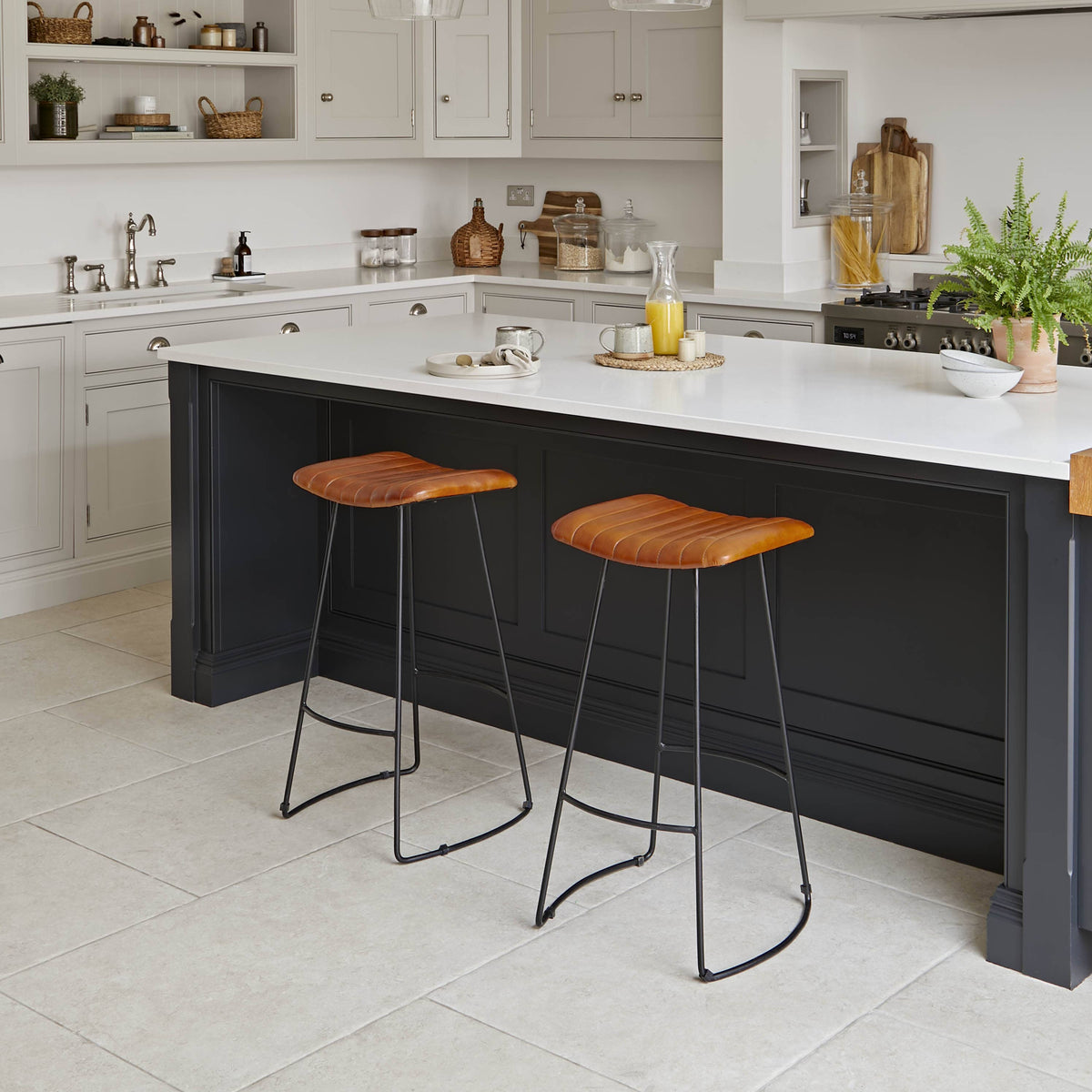 OUTLET - Jayden Tan Leather Tall Backless Bar Stools - Set of 2 - Black Metal Legs