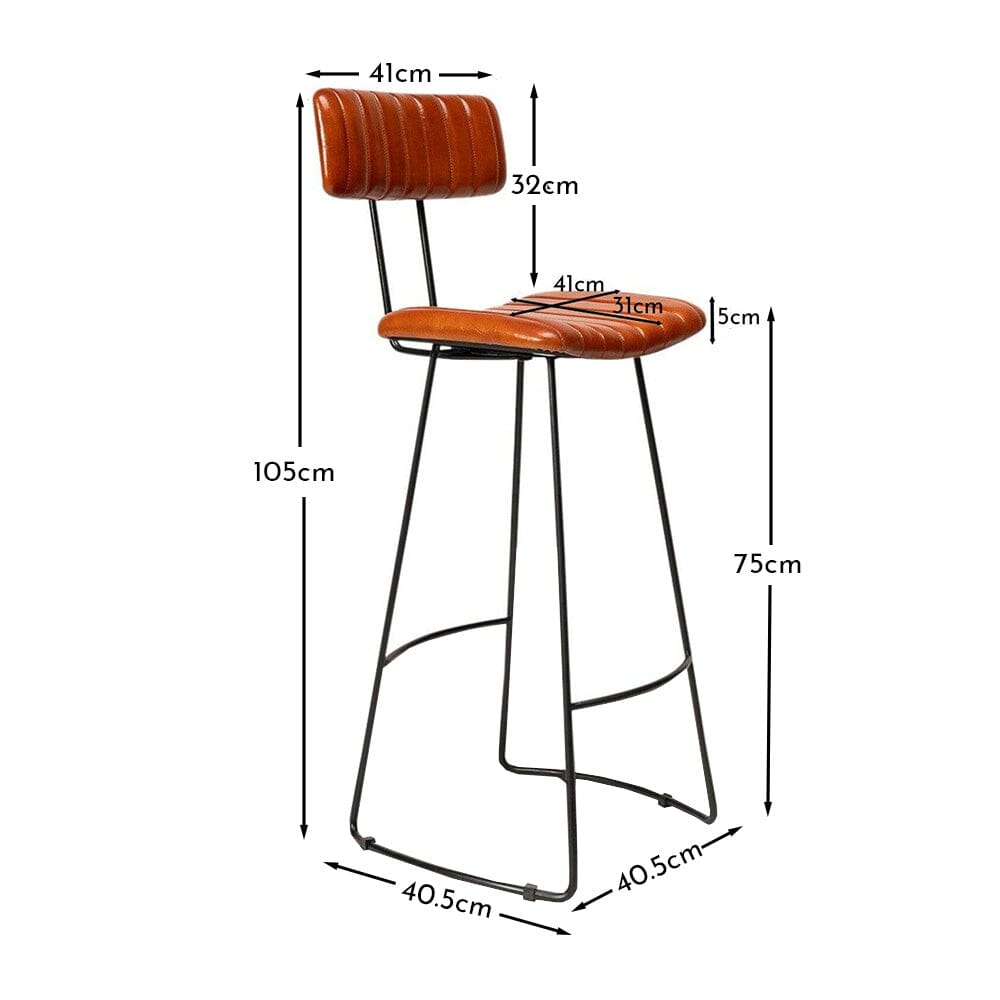 OUTLET - Jayden Tan Leather Bar Stool - Set of 2 - Black Metal Legs