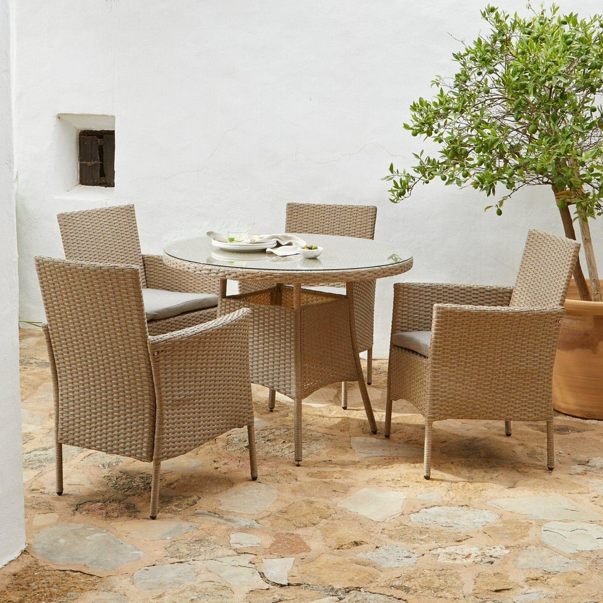 Kemble 4 Seater Rattan Round Garden Dining Table & Chair Set - Natural Brown