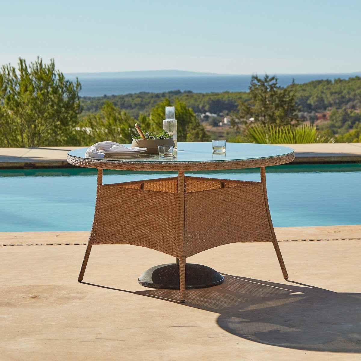 Kemble 6 Seater Rattan Round Garden Dining Table Set - Natural Brown