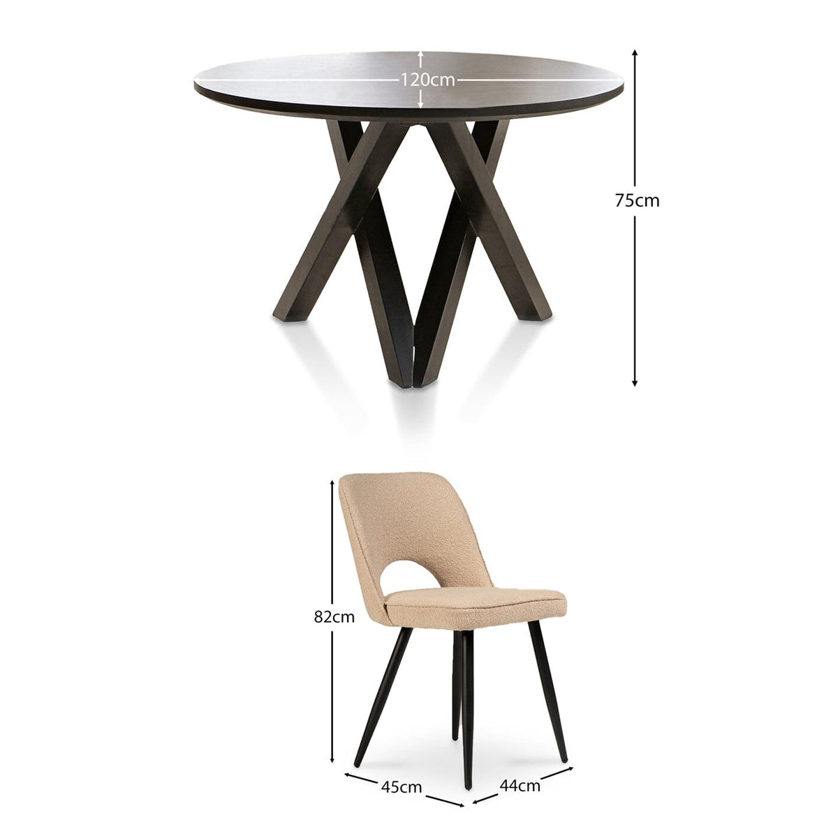 Levi Acacia Round Dining Table Set - 4 Seater - Dolly Boucle Dining Chairs - Black Legs