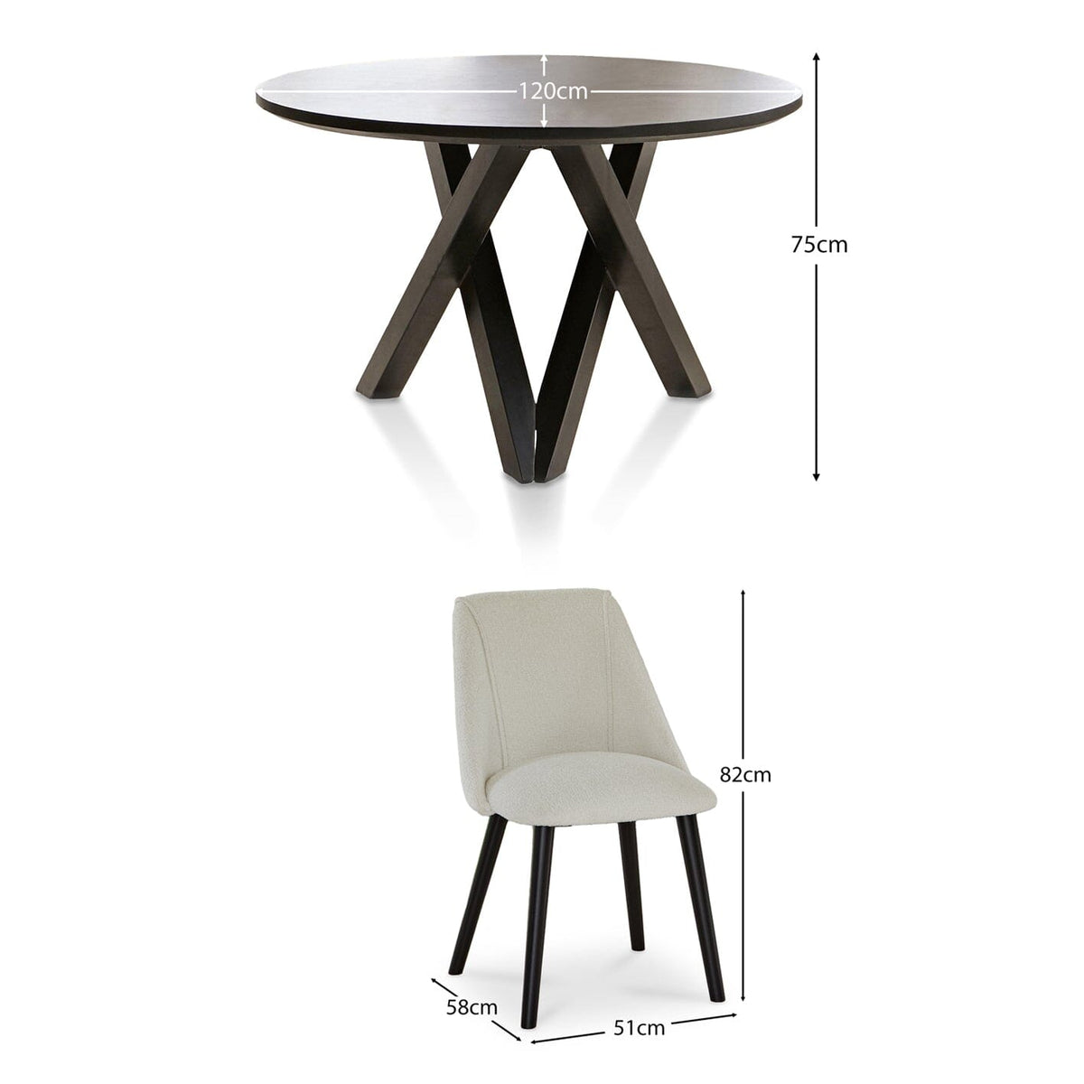 Levi Black Round Dining Table Set - 4 Seater - Freya Boucle Dining Chairs with Black Legs