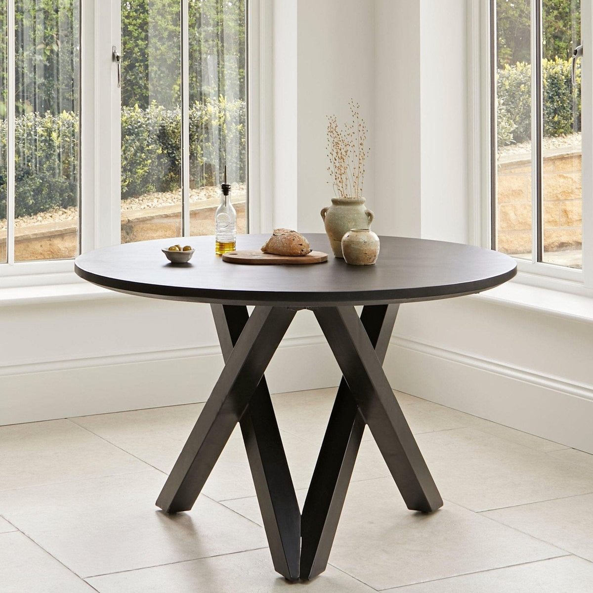 Levi Acacia Round Dining Table Set - 4 Seater - Dolly Boucle Dining Chairs - Black Legs