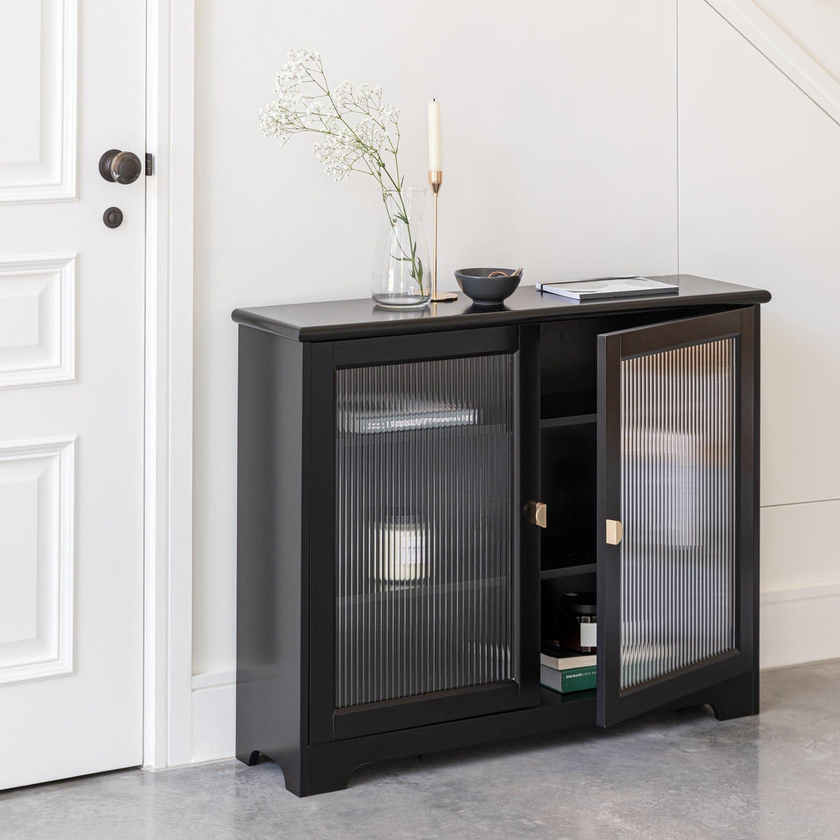 Lua 2 Door Narrow Sideboard - Noir Black with Glass Door