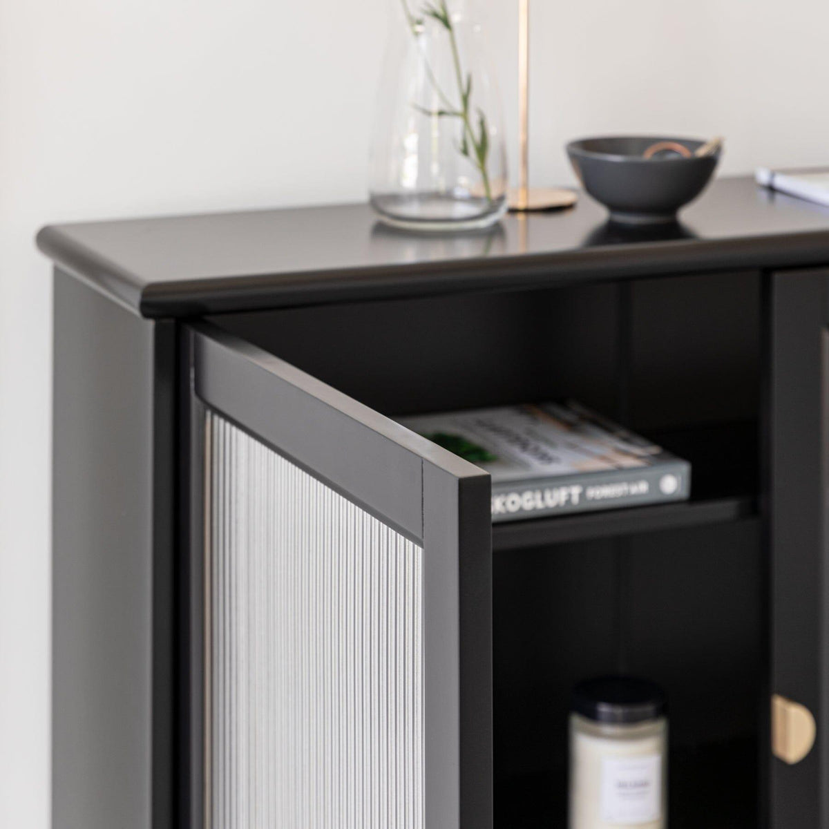 Lua 2 Door Narrow Sideboard - Noir Black with Glass Door