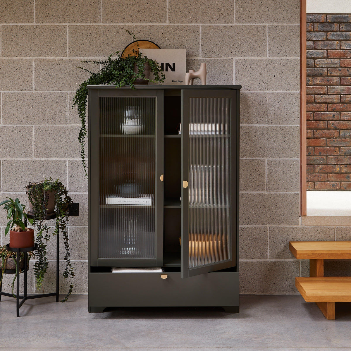 Lua Tall Cabinet in Fir Green with Fluted Glass