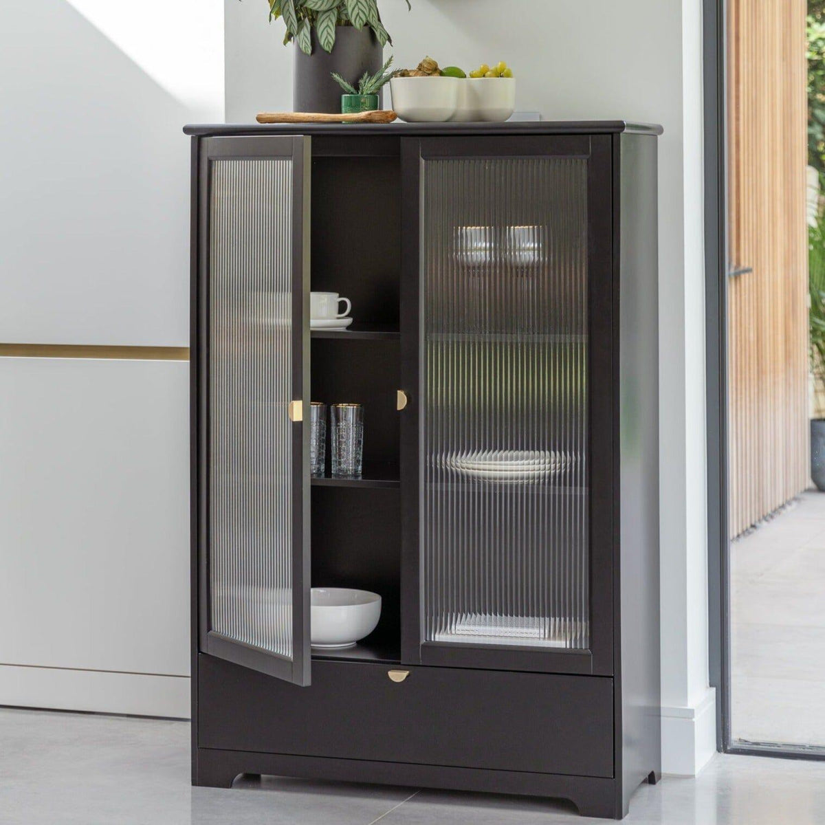 OUTLET - Lua Tall Cabinet in Noir Black with Fluted Glass