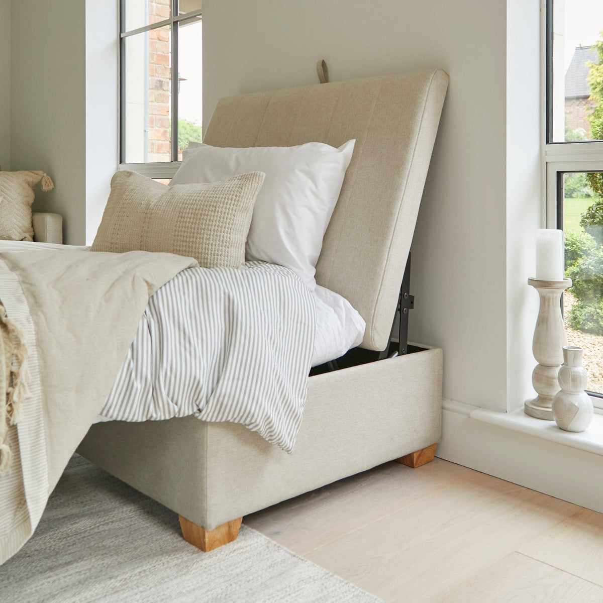 Madeleine Ottoman Bed in a Box - Sand with Pale Oak Legs