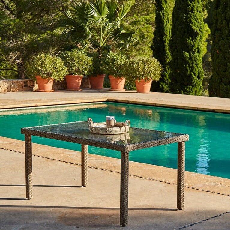 Marston 6 Seater Garden Dining Table - Natural Brown - Glass Top