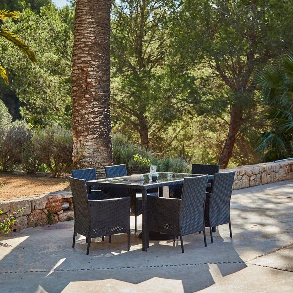 Marston 6 Seater Rattan Garden Dining Set - Black - Glass Top