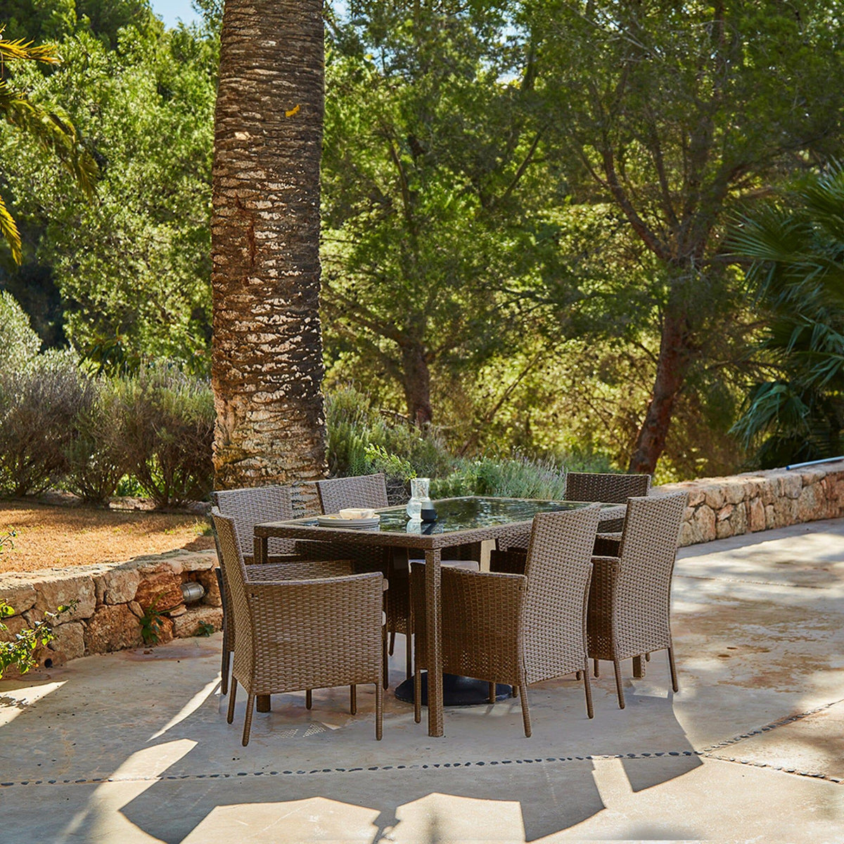 Marston 6 Seater Garden Dining Table - Natural Brown - Glass Top