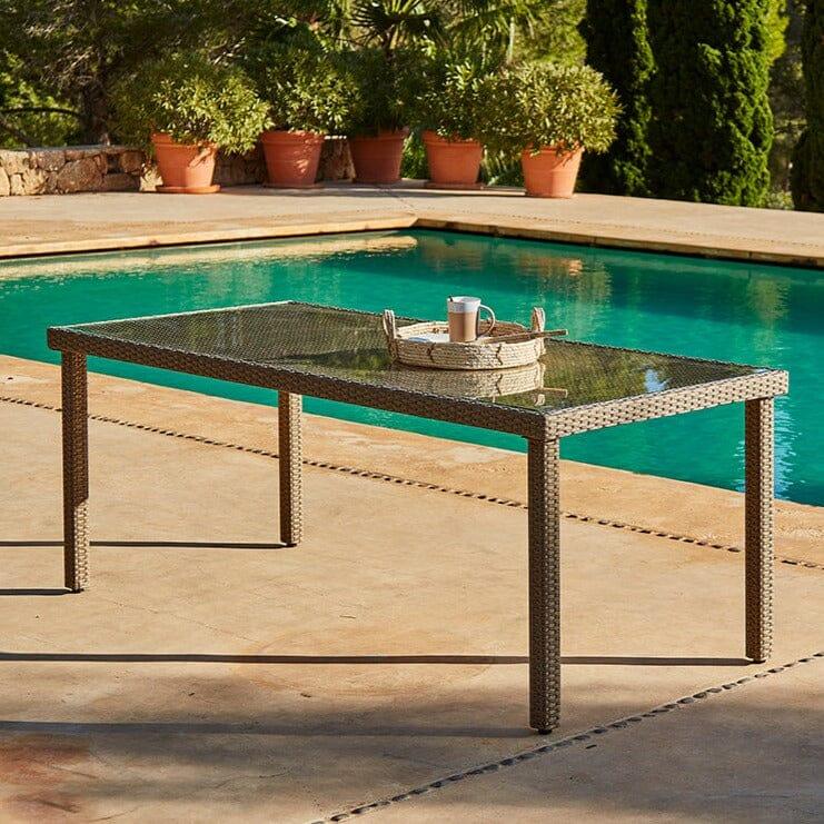 Marston 6 Seater Rattan Garden Dining Set - Natural Brown - Glass Top