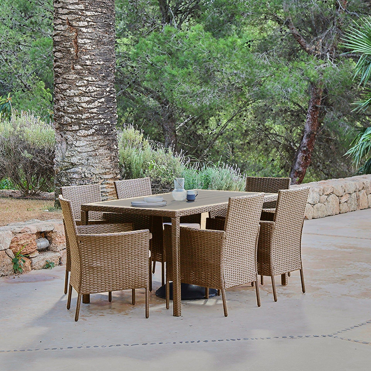 Marston 6 Seater Rattan Garden Dining Set - Natural Brown - Polywood Top
