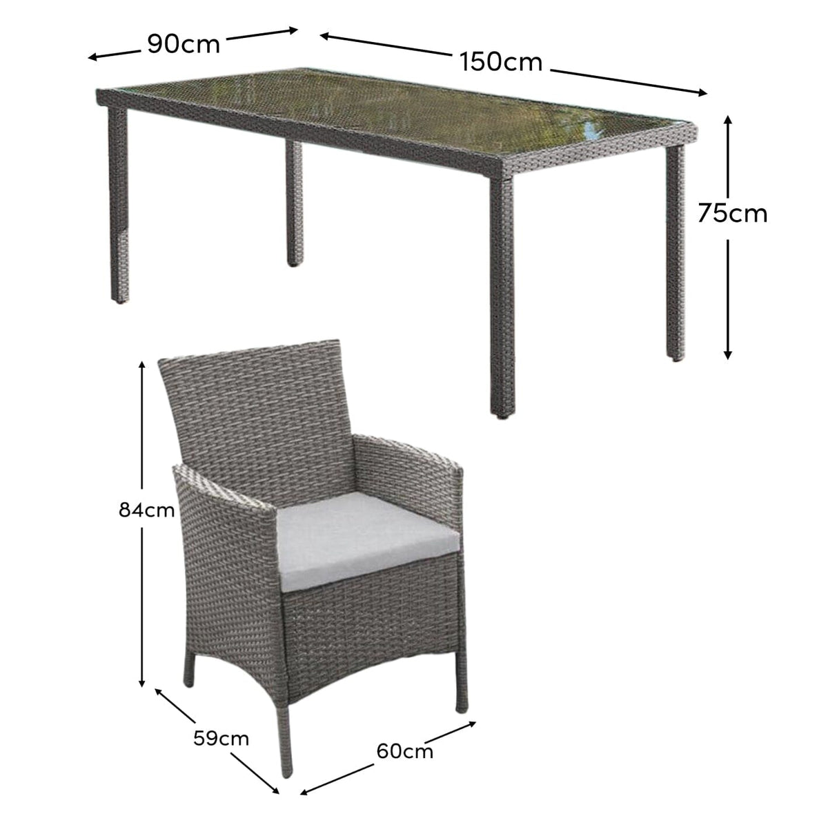 Marston 6 Seater Rattan Garden Dining Set - Grey - Glass Top