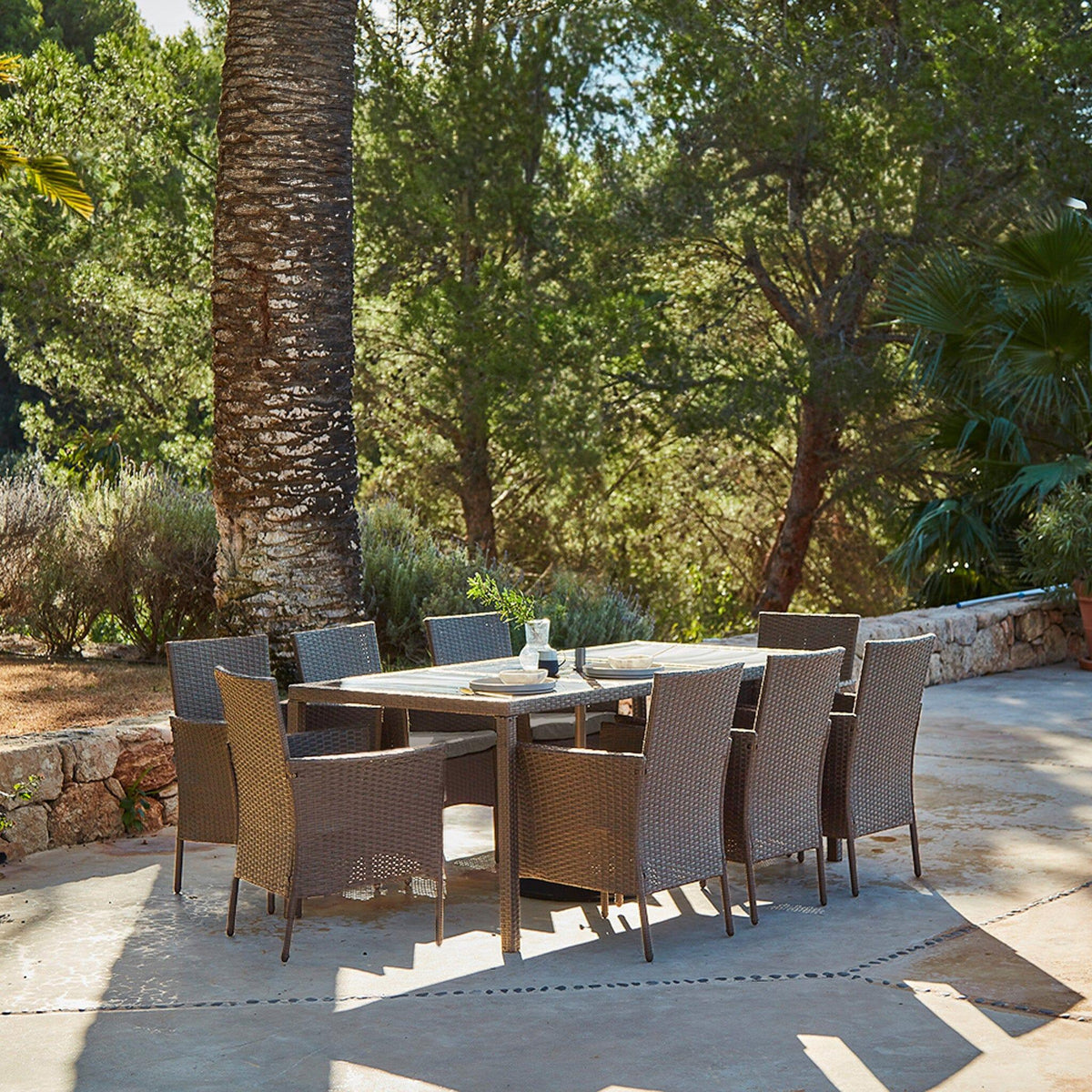 Marston 8 Seater Rattan Garden Dining Set - Natural Brown - Glass Top