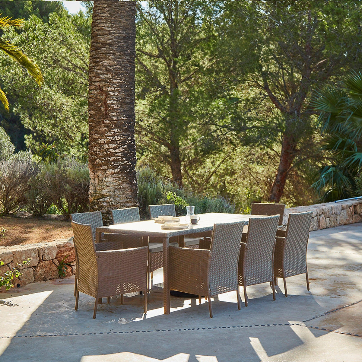 Marston 8 Seater Rattan Garden Dining Set - Natural Brown - Polywood Top