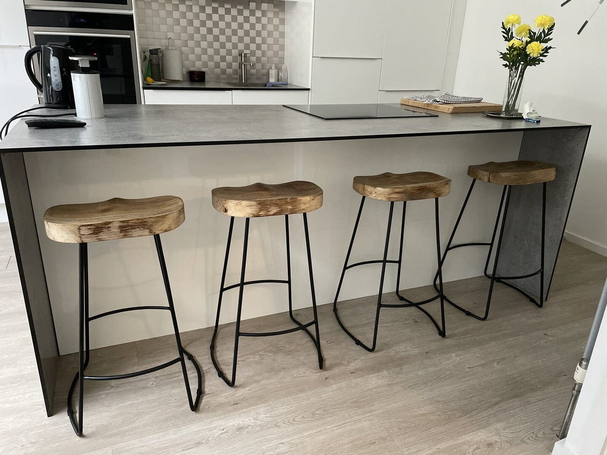 OUTLET - Aiden Natural Mango Wood Backless Bar Stools - Set of 2 - Black Iron Legs