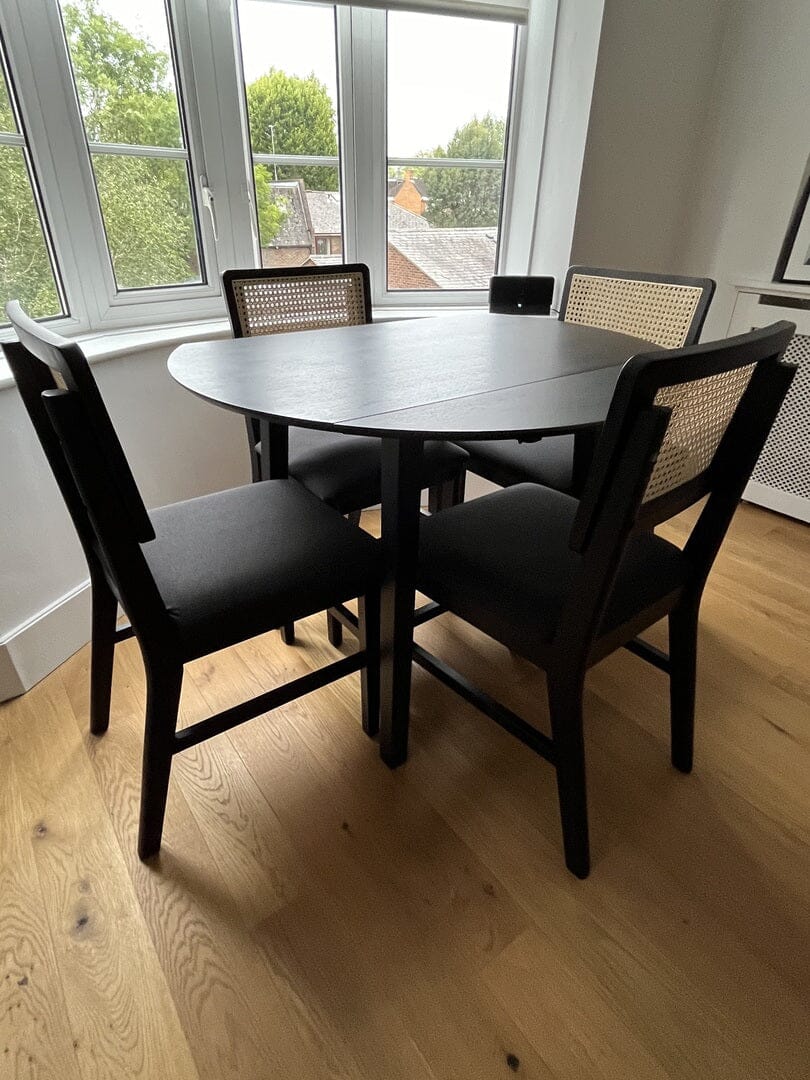 Charlie Black Dining Table Set - Round Drop Leaf - 4 Seater - Charlie Dining Chairs