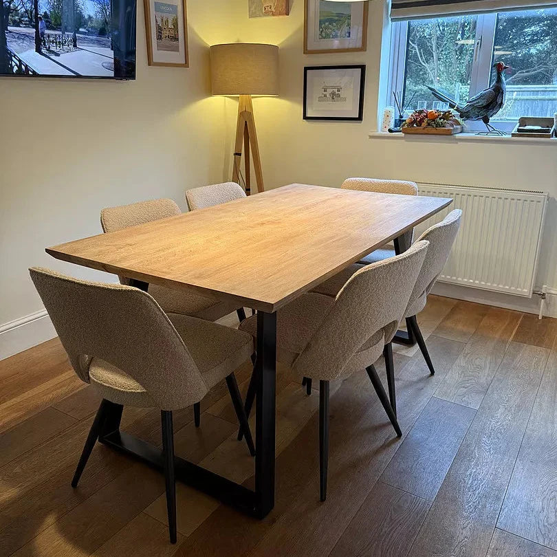 Atlas Chalked Mango Wood Dining Table Set -  6 Seater - Dolly Cream Boucle Dining Chairs - Black Legs