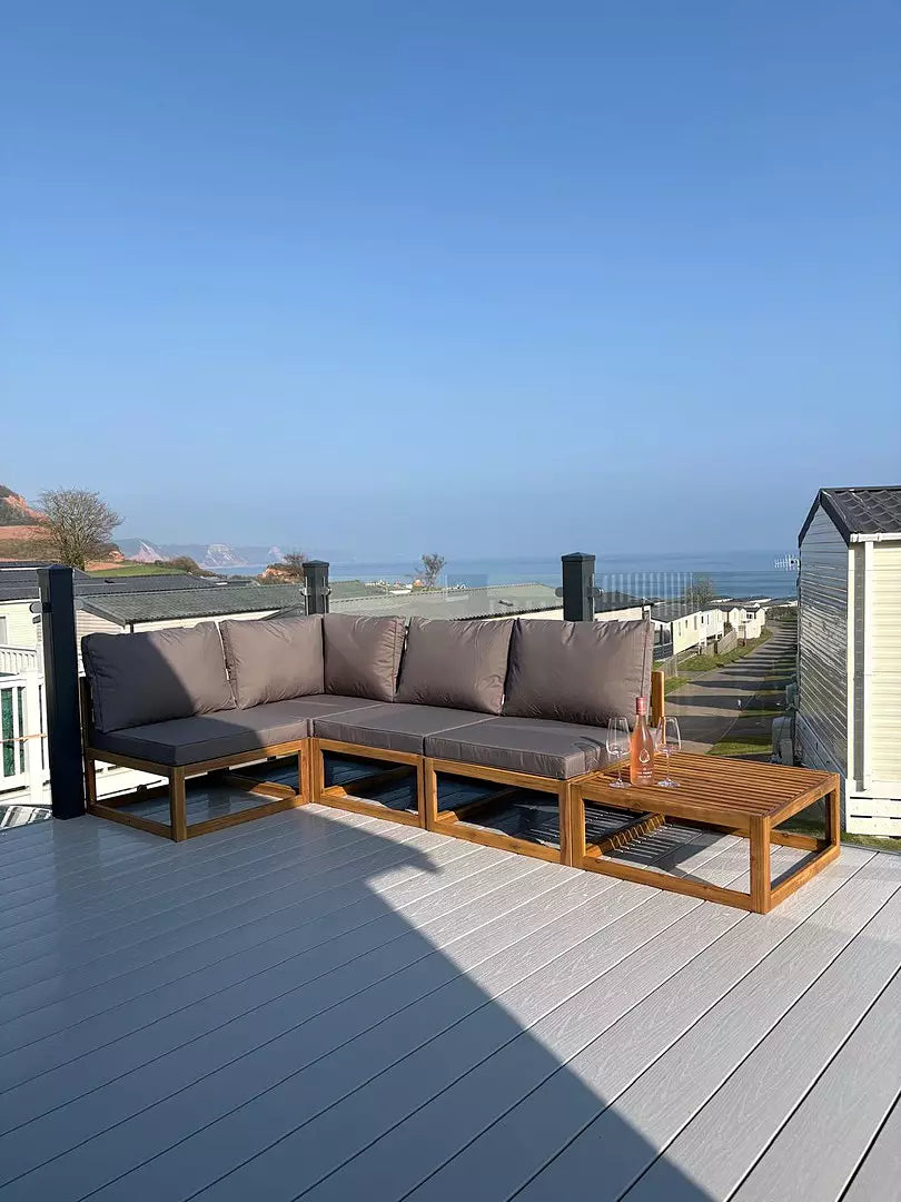 Rowan 4 Seater Wooden Garden Corner Sofa with Coffee Table - Grey