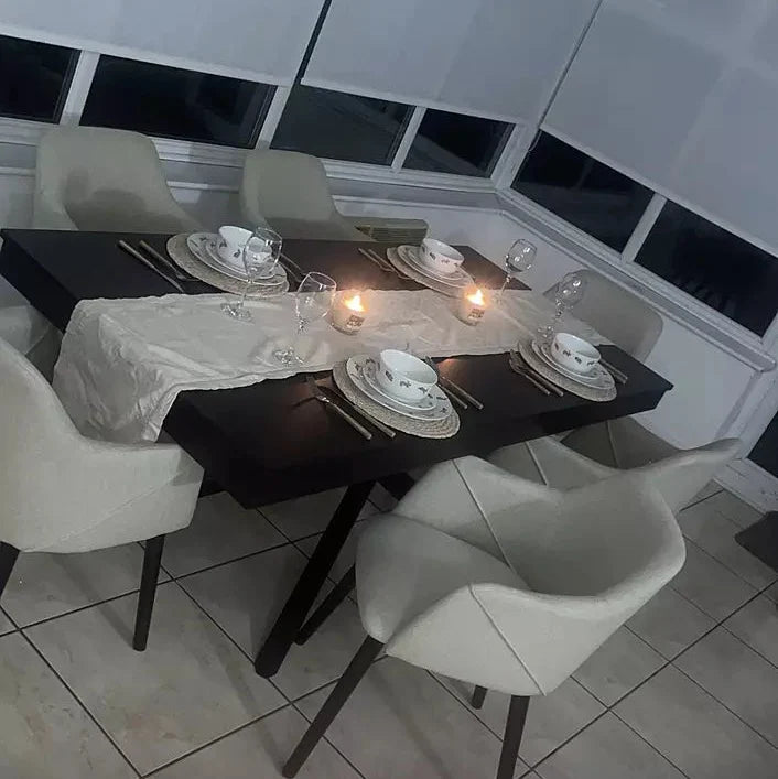 Amelia Black Dining Table Set - 6 Seater - Freya Sand Carver Chairs - Black Legs