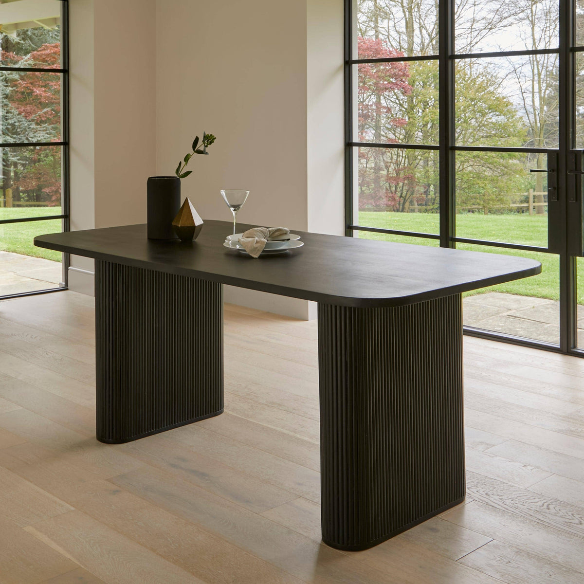Orla Black Wooden Dining Table Set - 6 Seater - Freya Sand Dining Chairs - Black Oak Legs