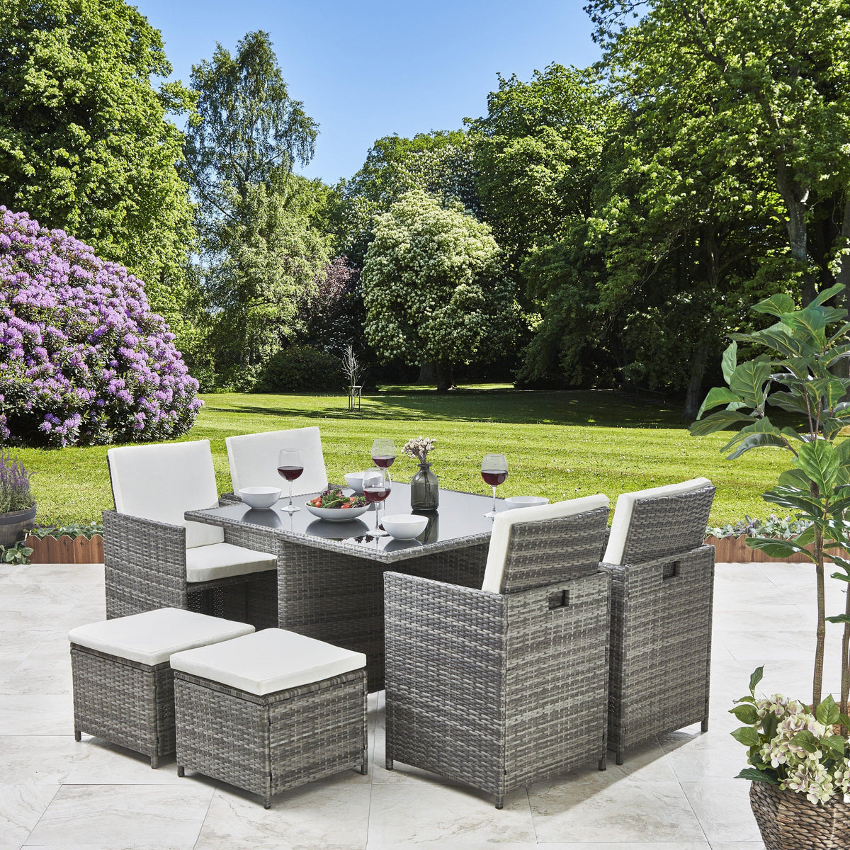 OUTLET - 8 Seater Rattan Cube Outdoor Dining Set - Grey Weave with Cream Cushions