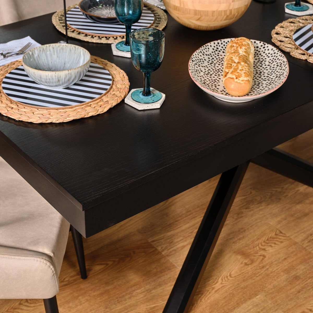 Amelia Black Dining Table Set - 6 Seater - Freya Sand Carver Chairs - Black Legs