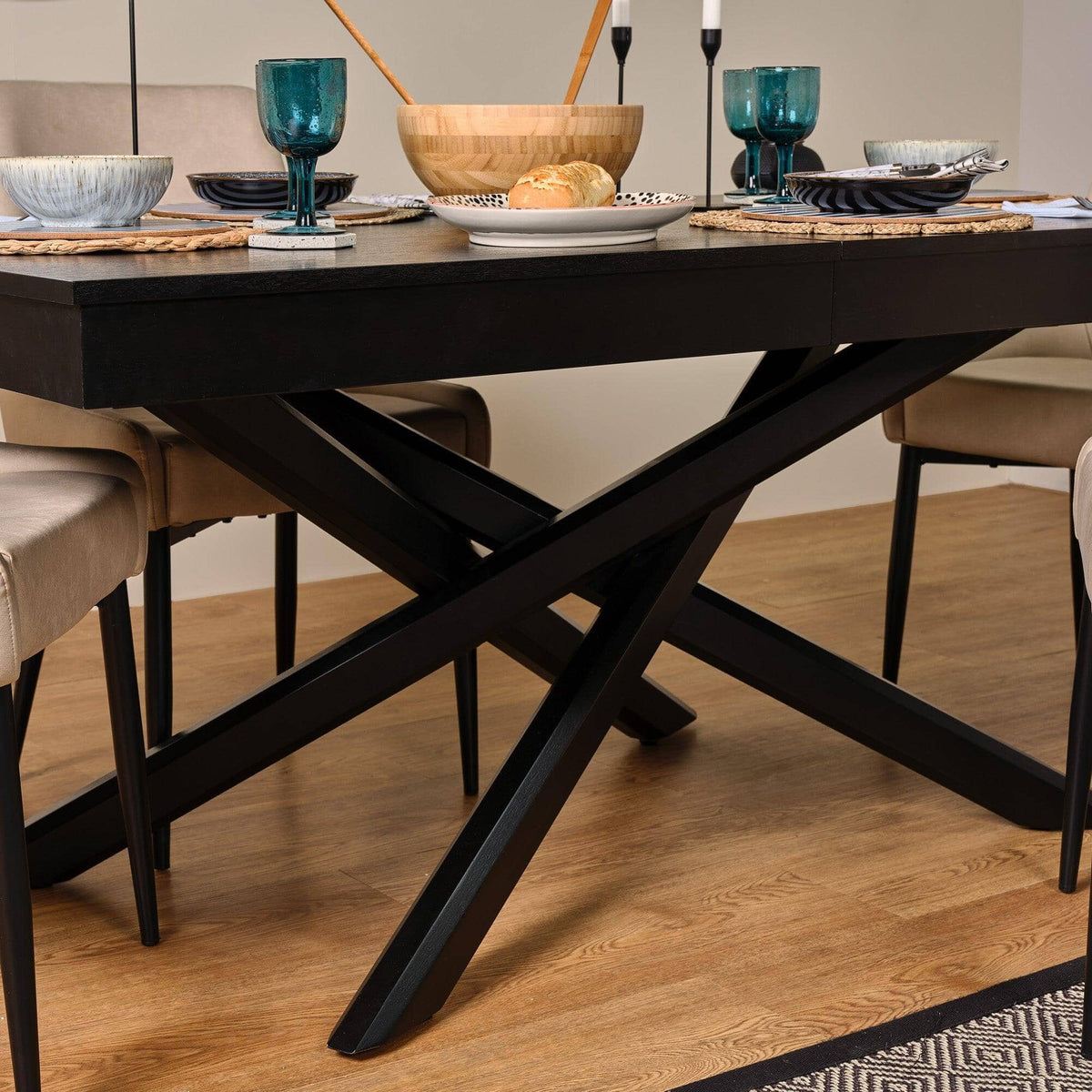 Amelia Black Dining Table Set - 6 Seater - Bella Soft Beige Dining Chairs - Black Legs
