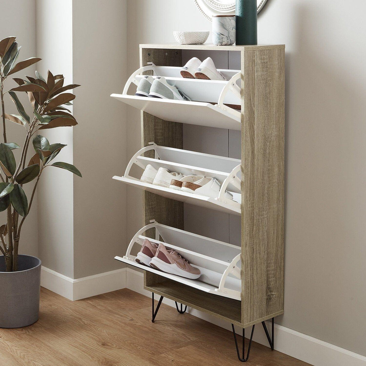 OUTLET - Anderson Shoe Cabinet - 3 Door - Oak Effect & White