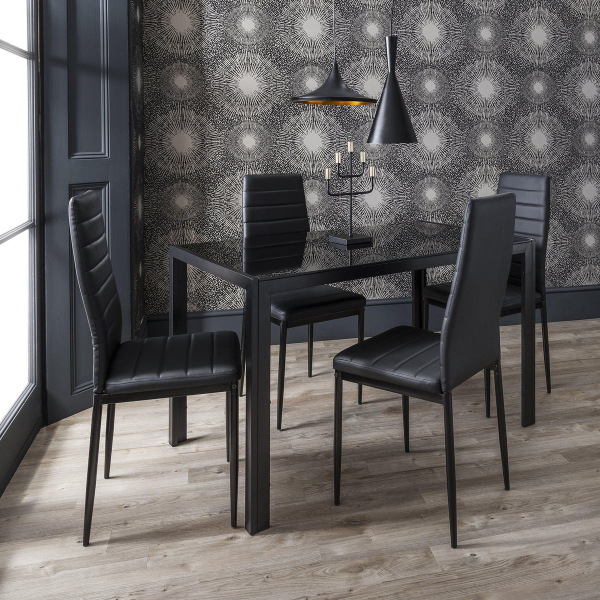 OUTLET - Anya Glass Dining Table Set - 4 Seater - Black Faux Leather Dining Chairs