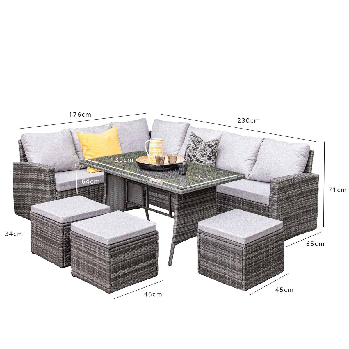 OUTLET - Aston 9 Seater Rattan Corner Sofa Set with Black Glass Table Top - Grey