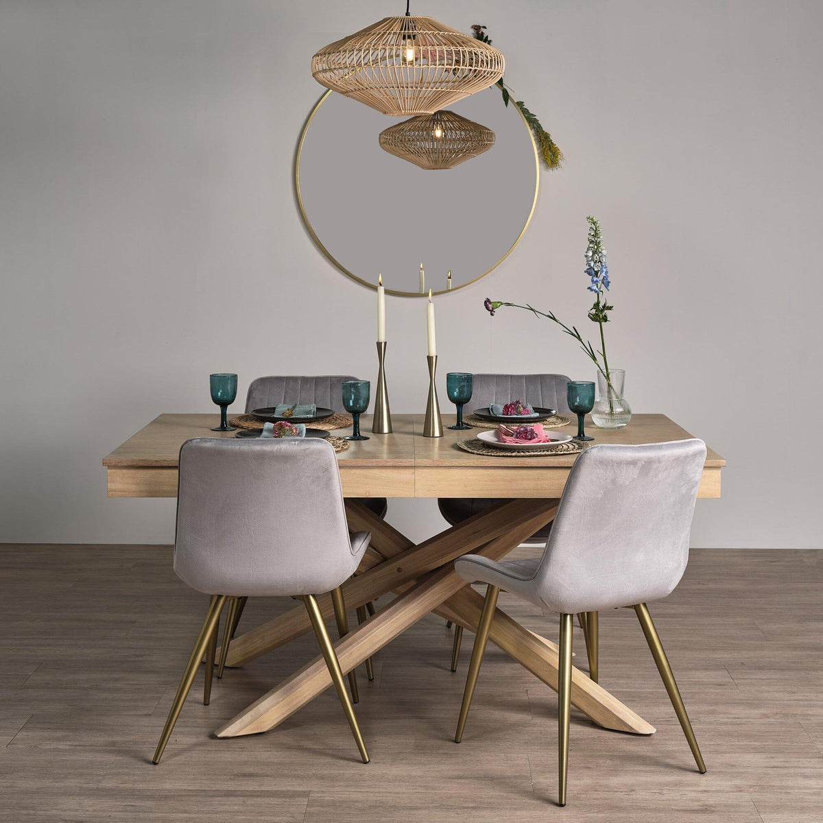OUTLET - Bella Grey Velvet Dining Chairs - Set of 2 - Gold Legs