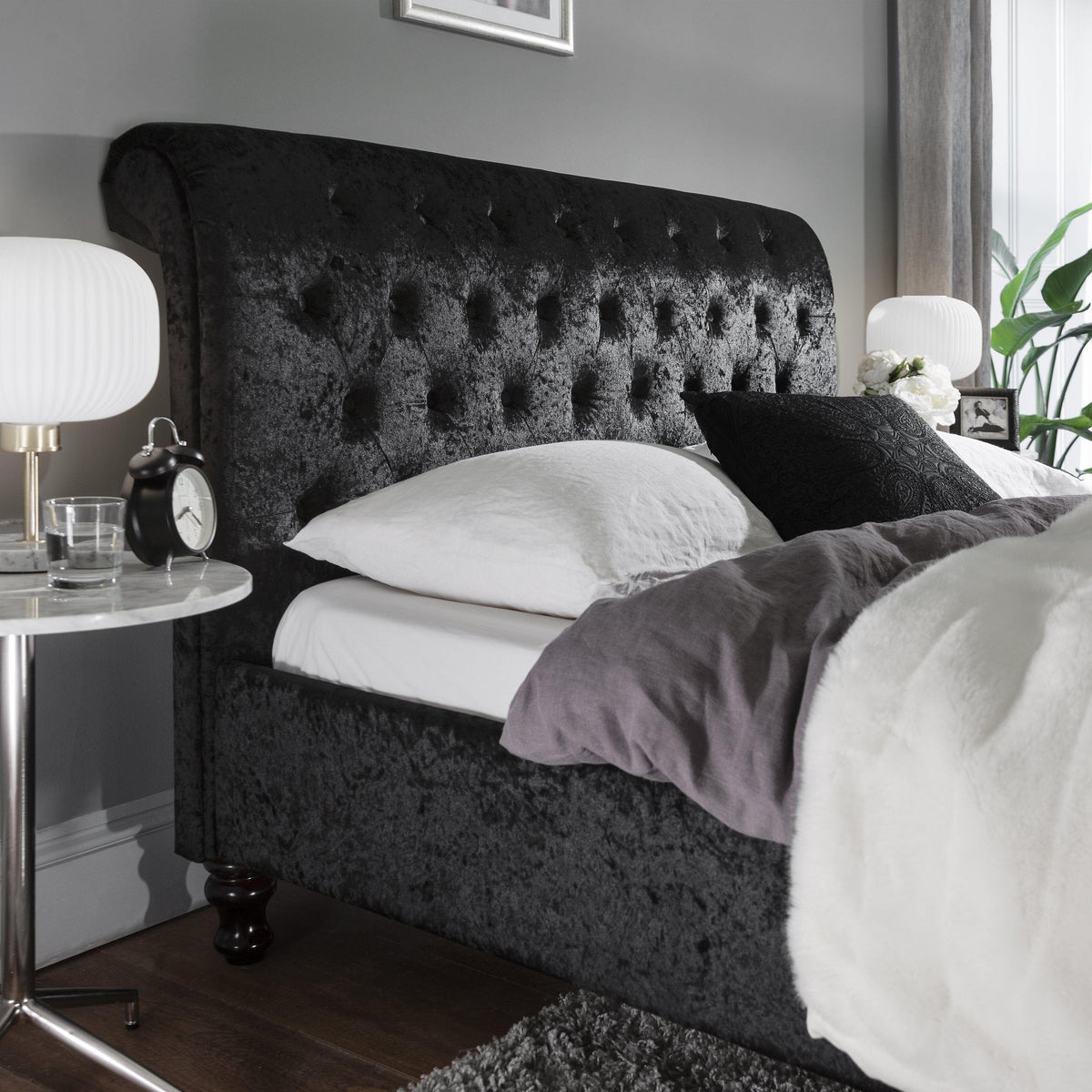 Outlet - Black Crushed Velvet Sleigh Bed Frame King Size