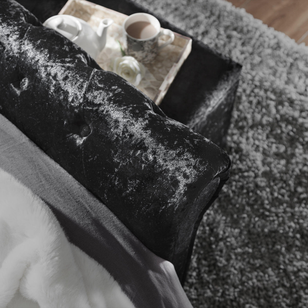 Outlet - Black Crushed Velvet Sleigh Bed Frame King Size