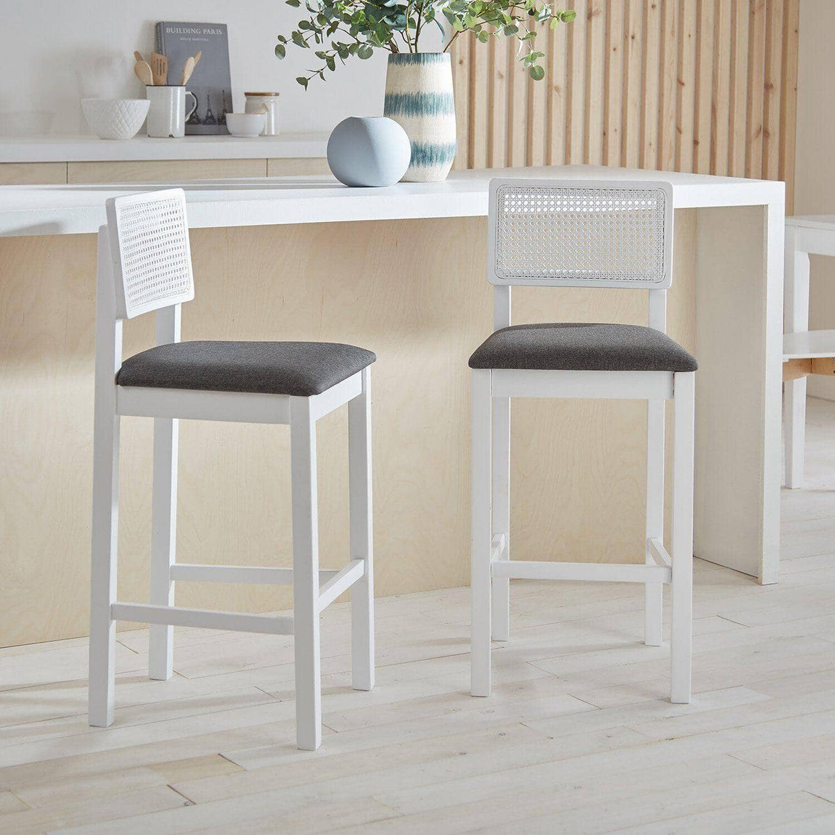 OUTLET - Charlie White Cane Bar Stool - White Legs