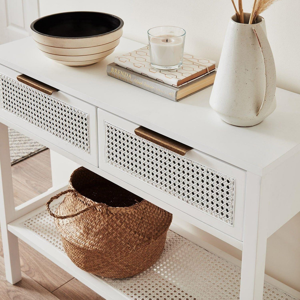 OUTLET - Charlie White 2 Drawer Console Table - Cane Draws