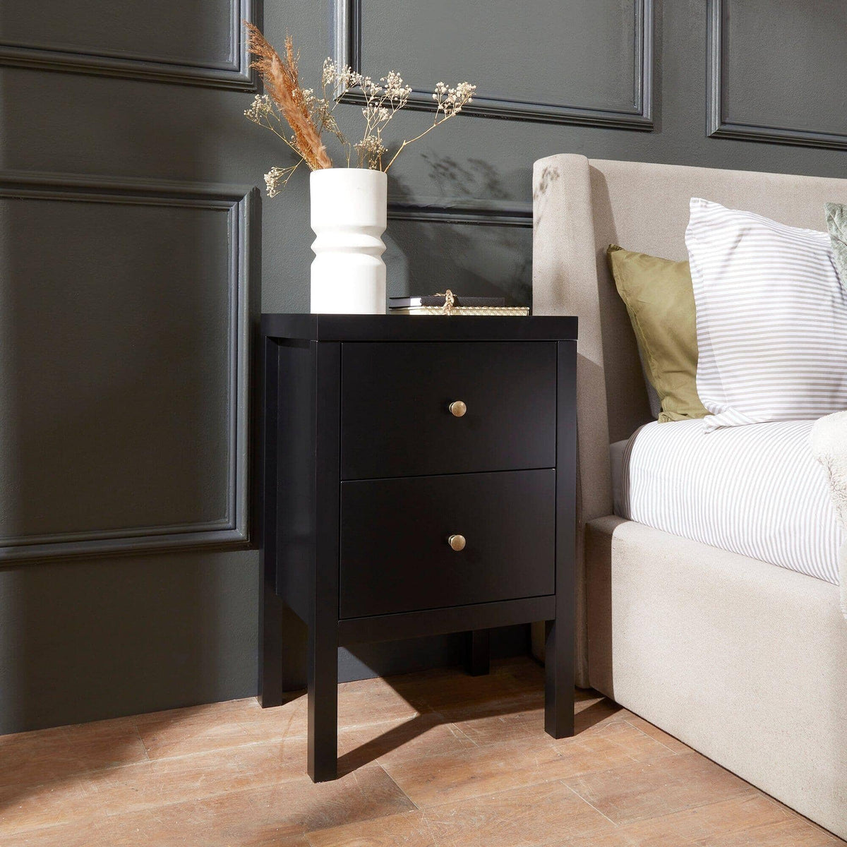 OUTLET - Charlie Two Drawer Bedside Table in Noir Black