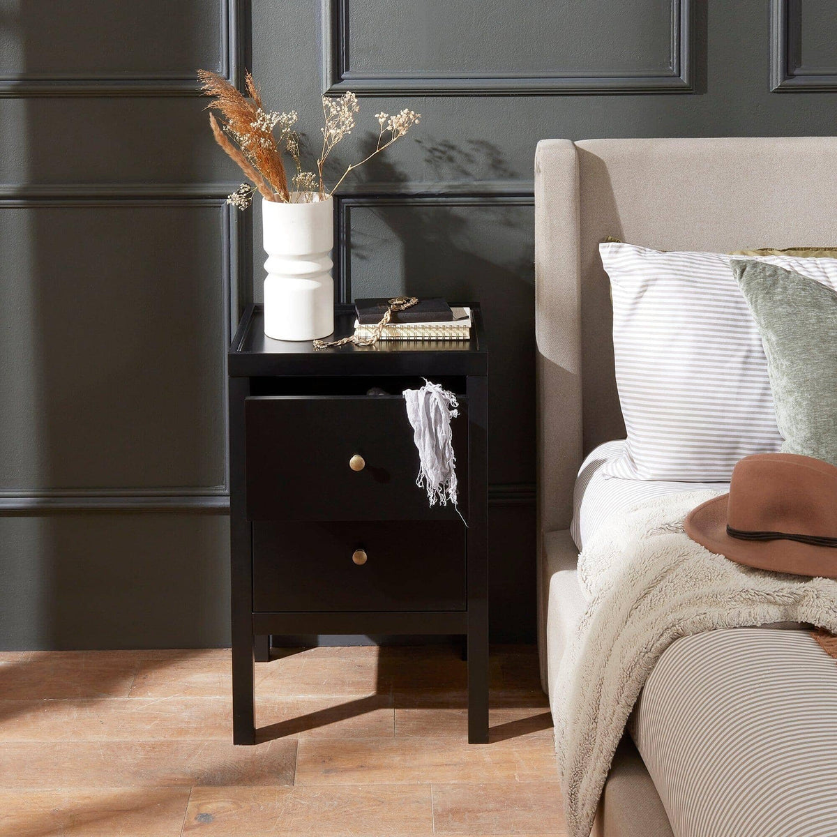 OUTLET - Charlie Two Drawer Bedside Table in Noir Black