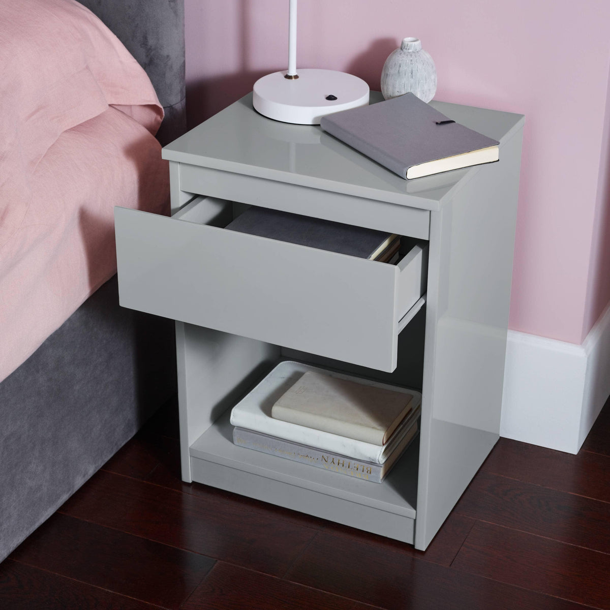 OUTLET - Clemmie Bedside Table - High Gloss - Grey