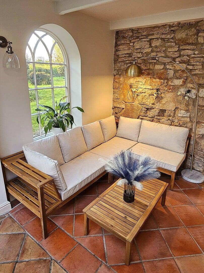 OUTLET - Dakota Wooden Garden Corner Sofa Set - Sand Cushions