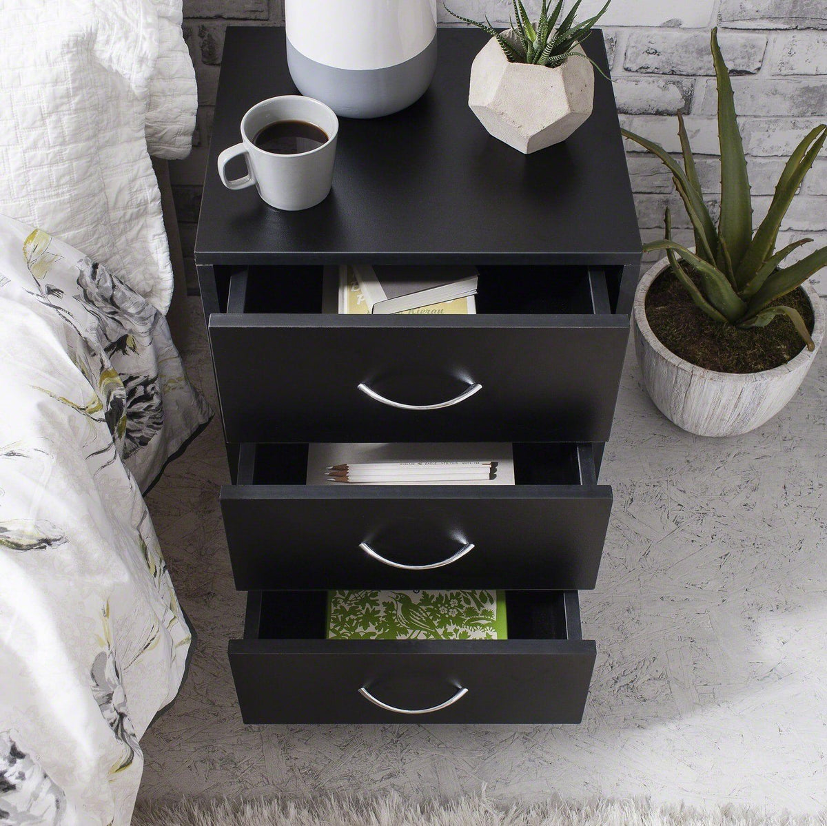 OUTLET - Essie 3 Drawer Bedside Table - Black
