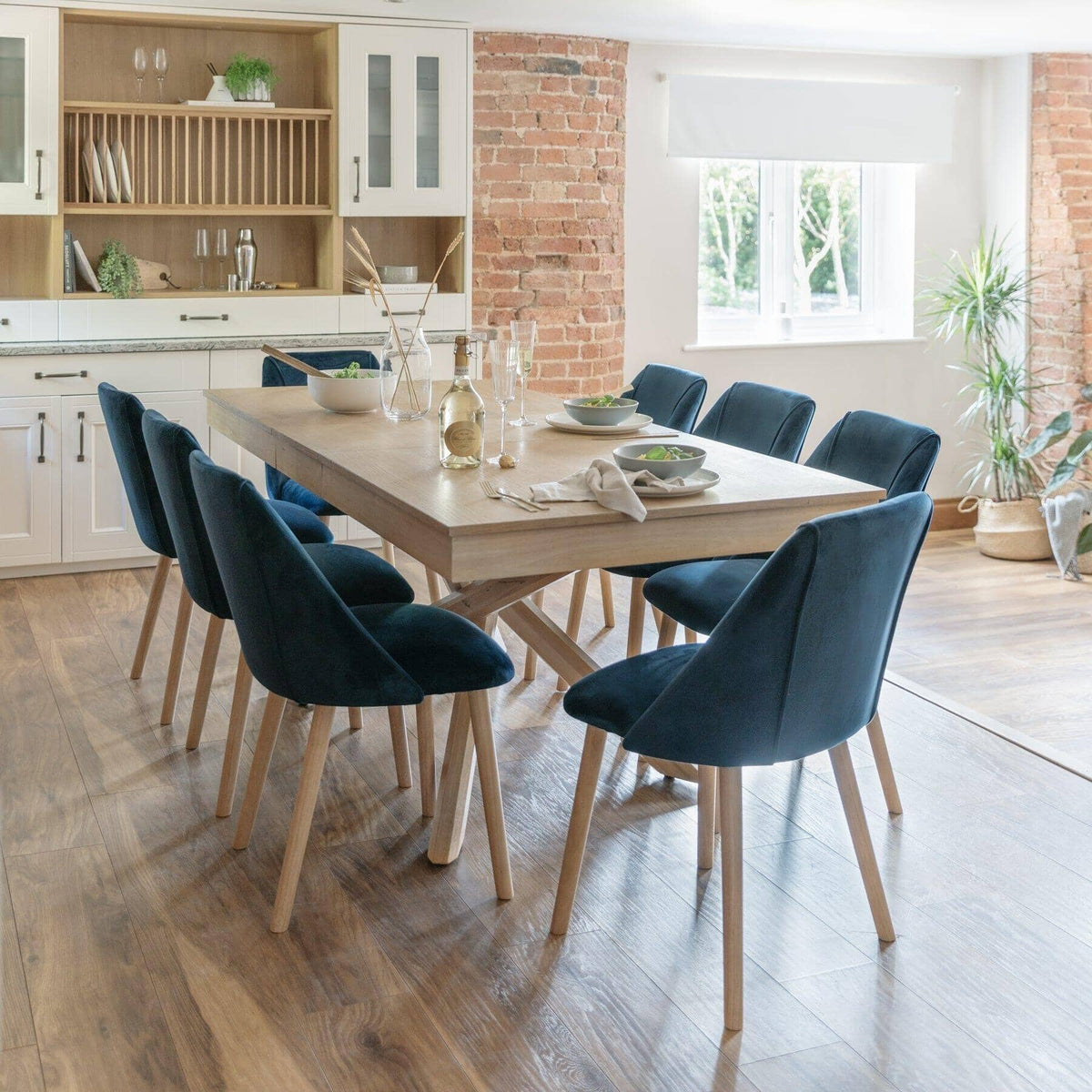 OUTLET - Freya Blue Velvet Dining Chairs - Set of 2 - Whitewash Oak Legs