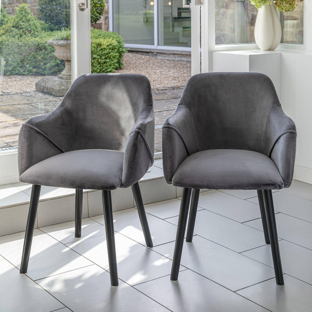 OUTLET - Freya Grey Velvet Armchairs - Set of 2 - Black Oak Legs