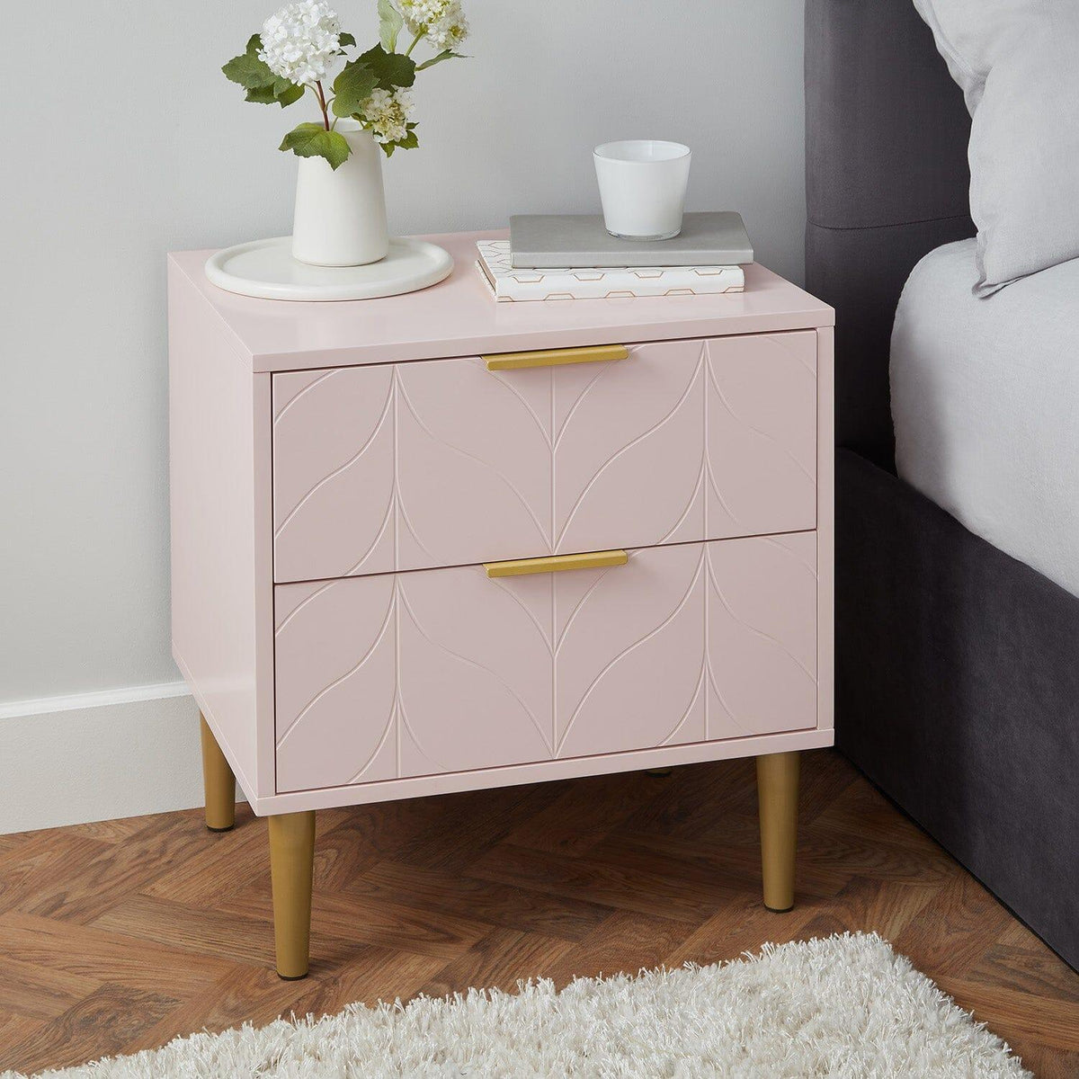 OUTLET - Gloria Bedside Table - Blush Pink & Brass Effect