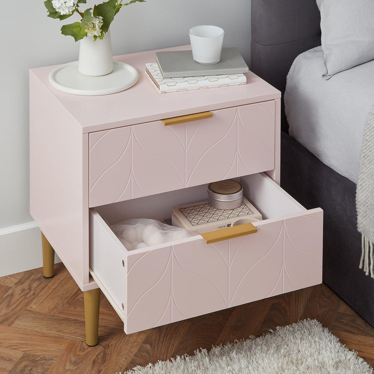 OUTLET - Gloria Bedside Table - Blush Pink & Brass Effect
