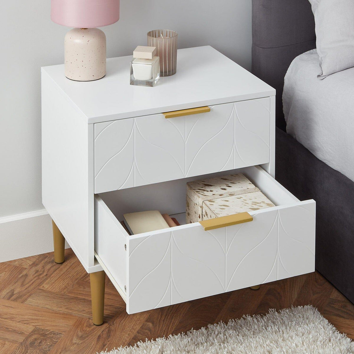 OUTLET - Gloria Bedside Table - White & Brass Effect