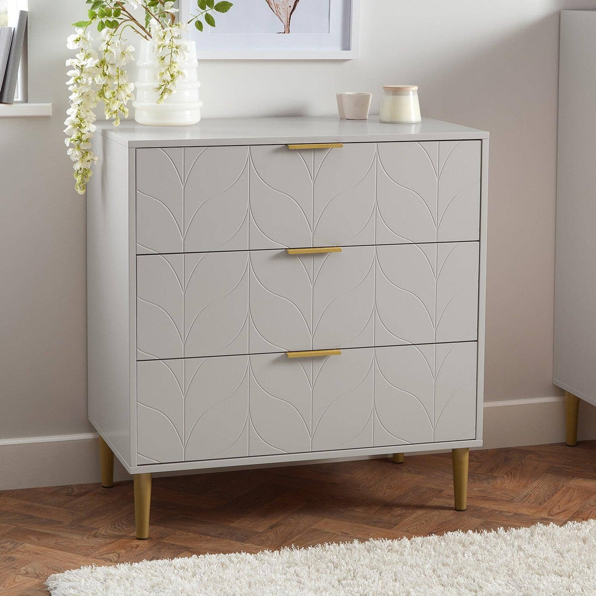 OUTLET - Gloria 3 Drawer Chest of Drawers - Grey & Brass Effect